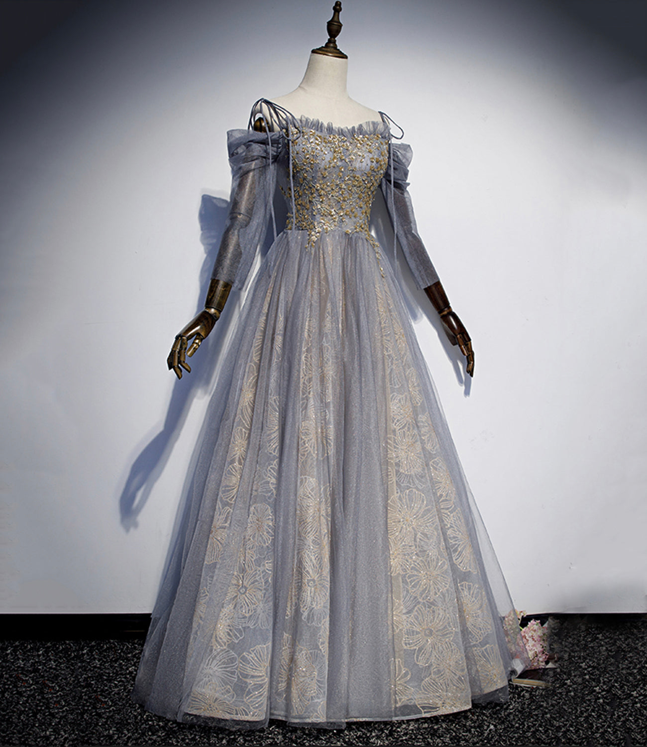 Gray tulle sequins long prom dress evening gown  10120
