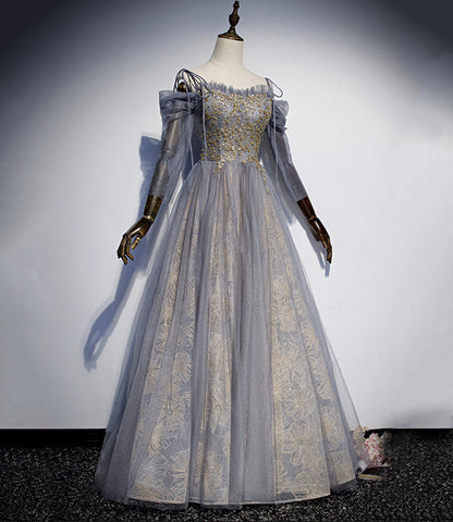 Gray tulle sequins long prom dress evening gown  10120