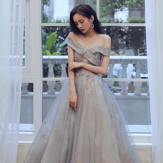 Cute tulle sequins long prom dress A line evening gown  10124