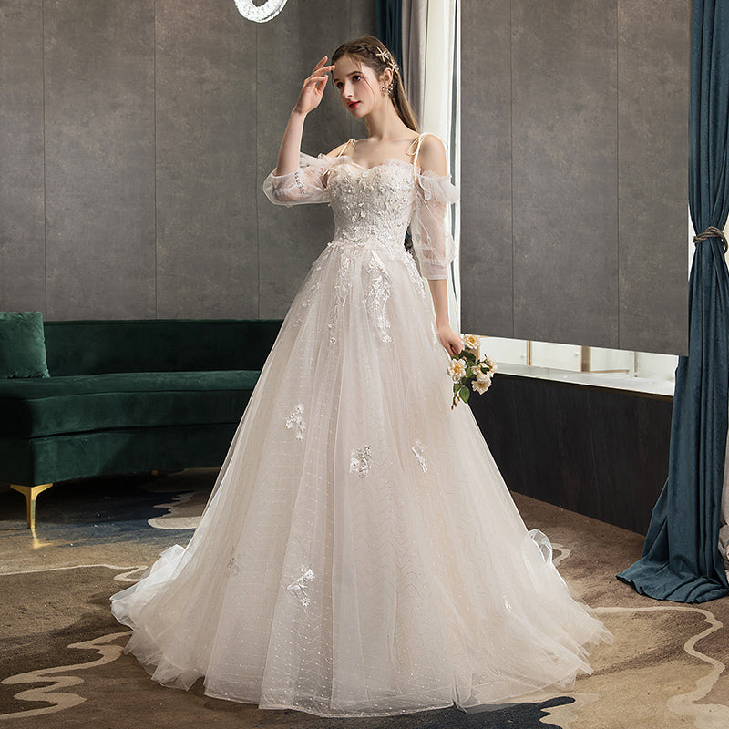 White tulle lace long prom gown A line evening gown  10117