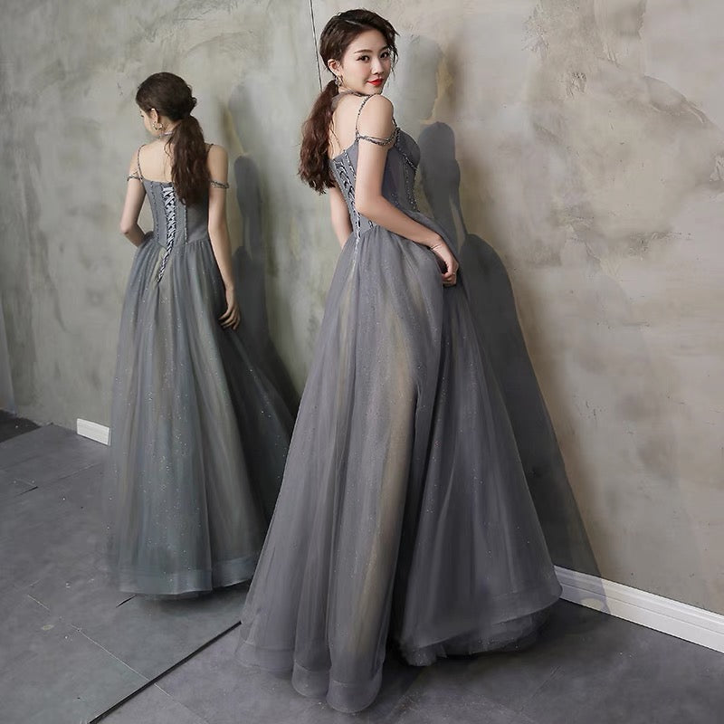 Gray tulle beads long prom gown A line evening gown  10111