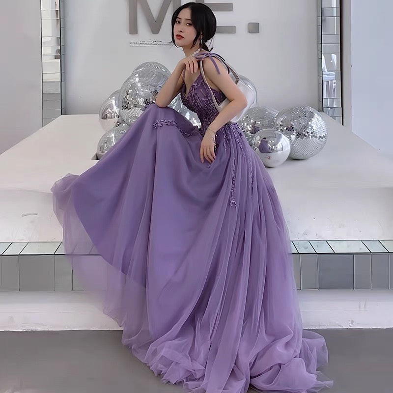 Purple tulle lace long prom dress A line evening gown  10127