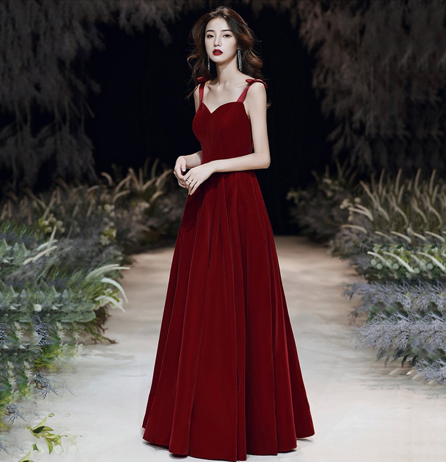 Red velvet long prom dress Simple evening gown  10115