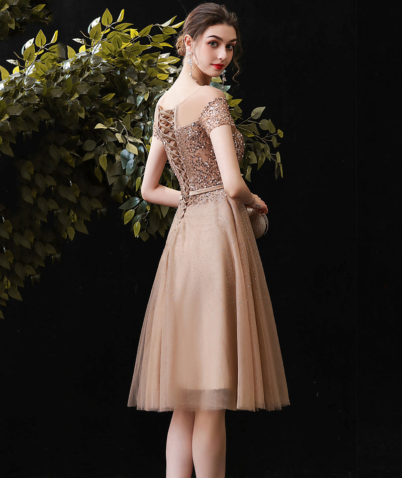 Gold tulle beads short prom dress party dress  8491