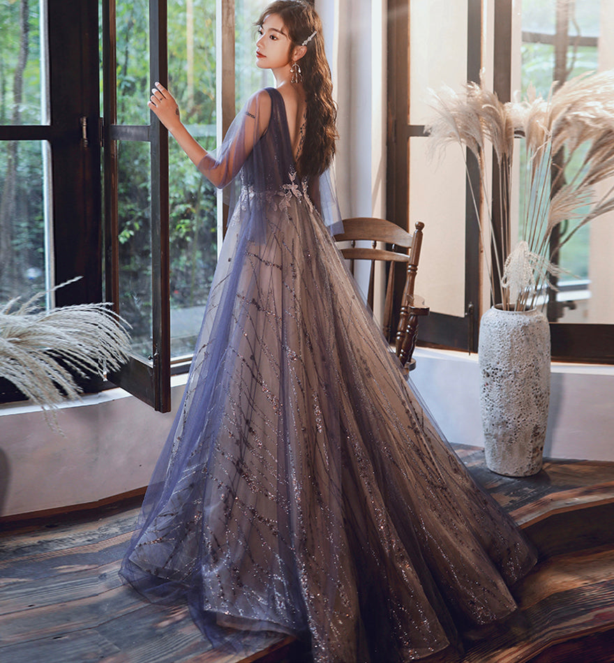 Blue v neck tulle lace long prom dress evening dress  8475