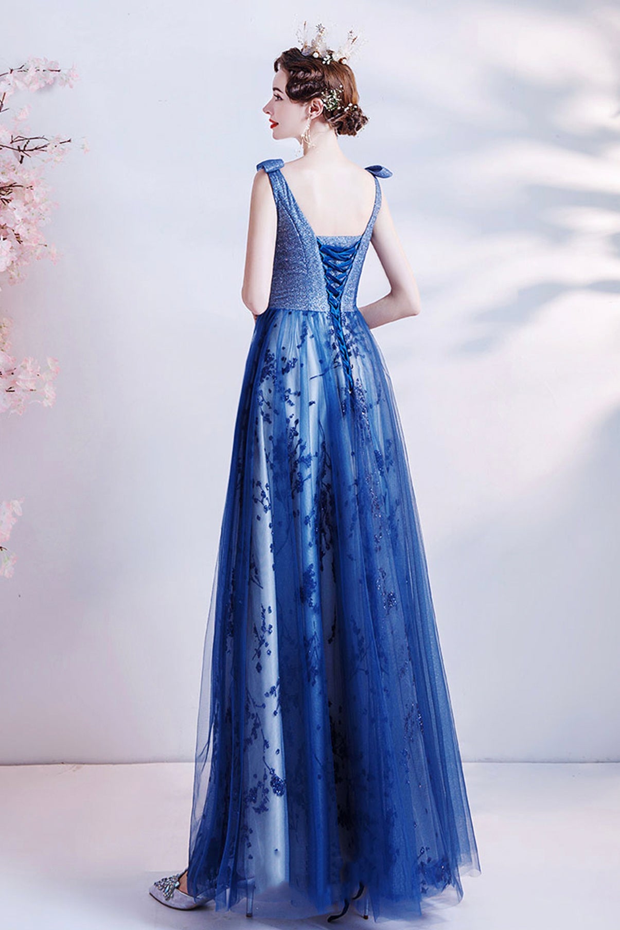 Elegant tulle sequins long A line prom dress evening dress  8702