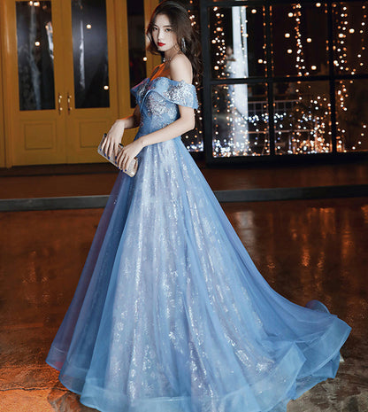Shiny tulle sequins long prom dress evening dress  8537