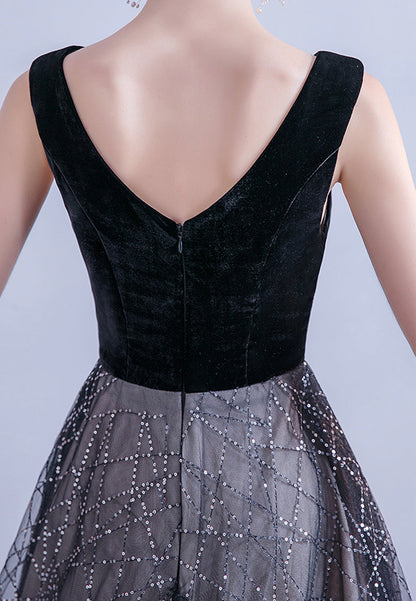 Black velvet sequins long prom dress formal dress  8450