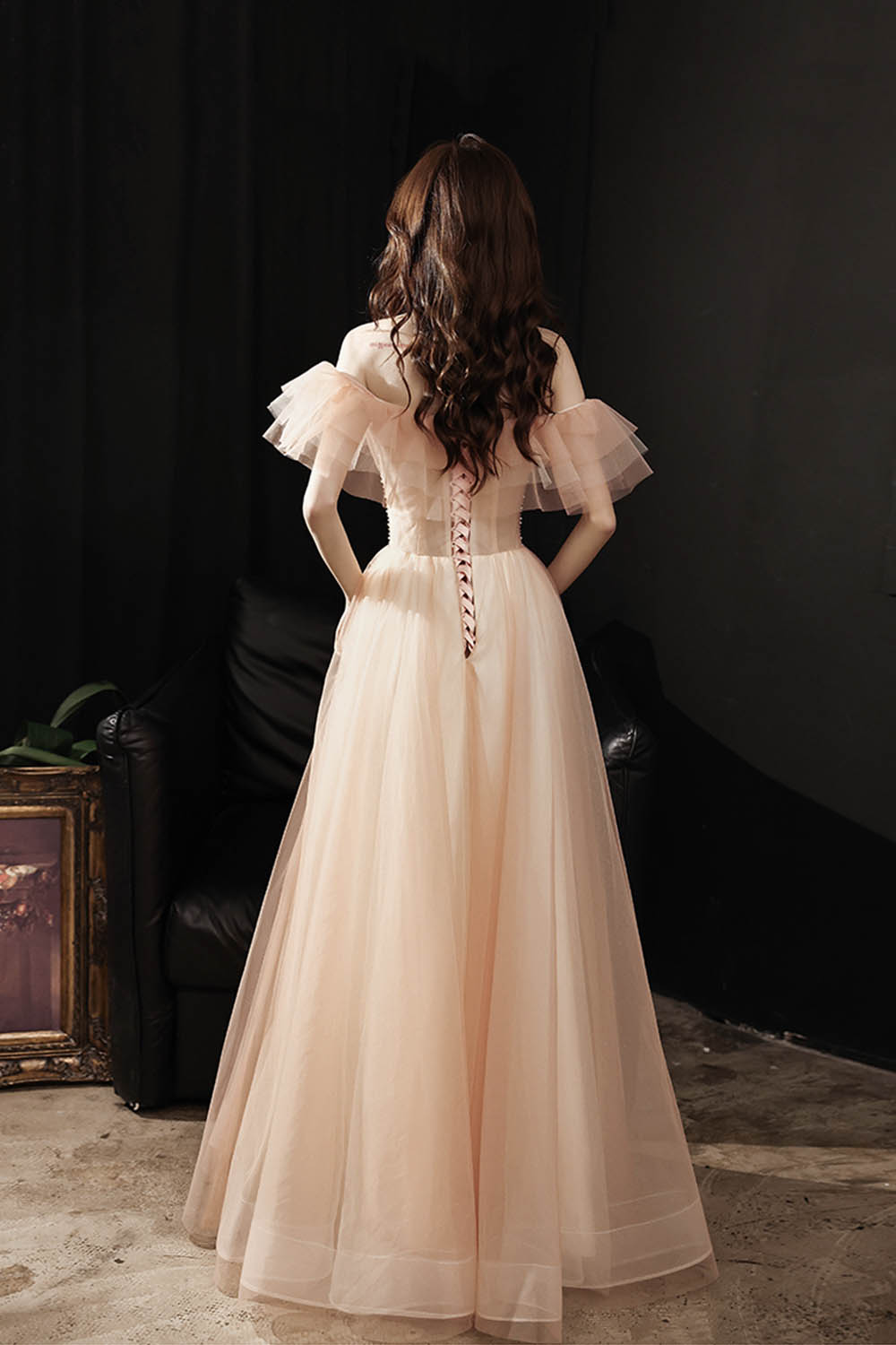 Pink tulle sequins long prom dress evening dress  8600