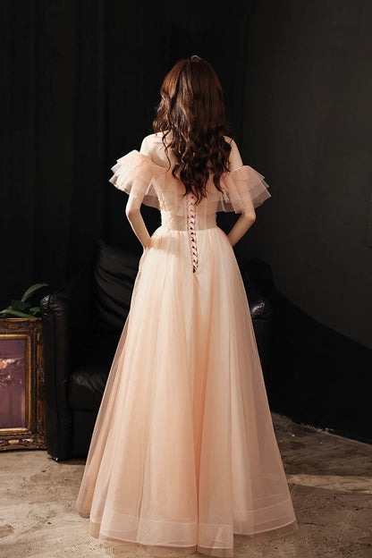 Pink tulle sequins long prom dress evening dress  8600