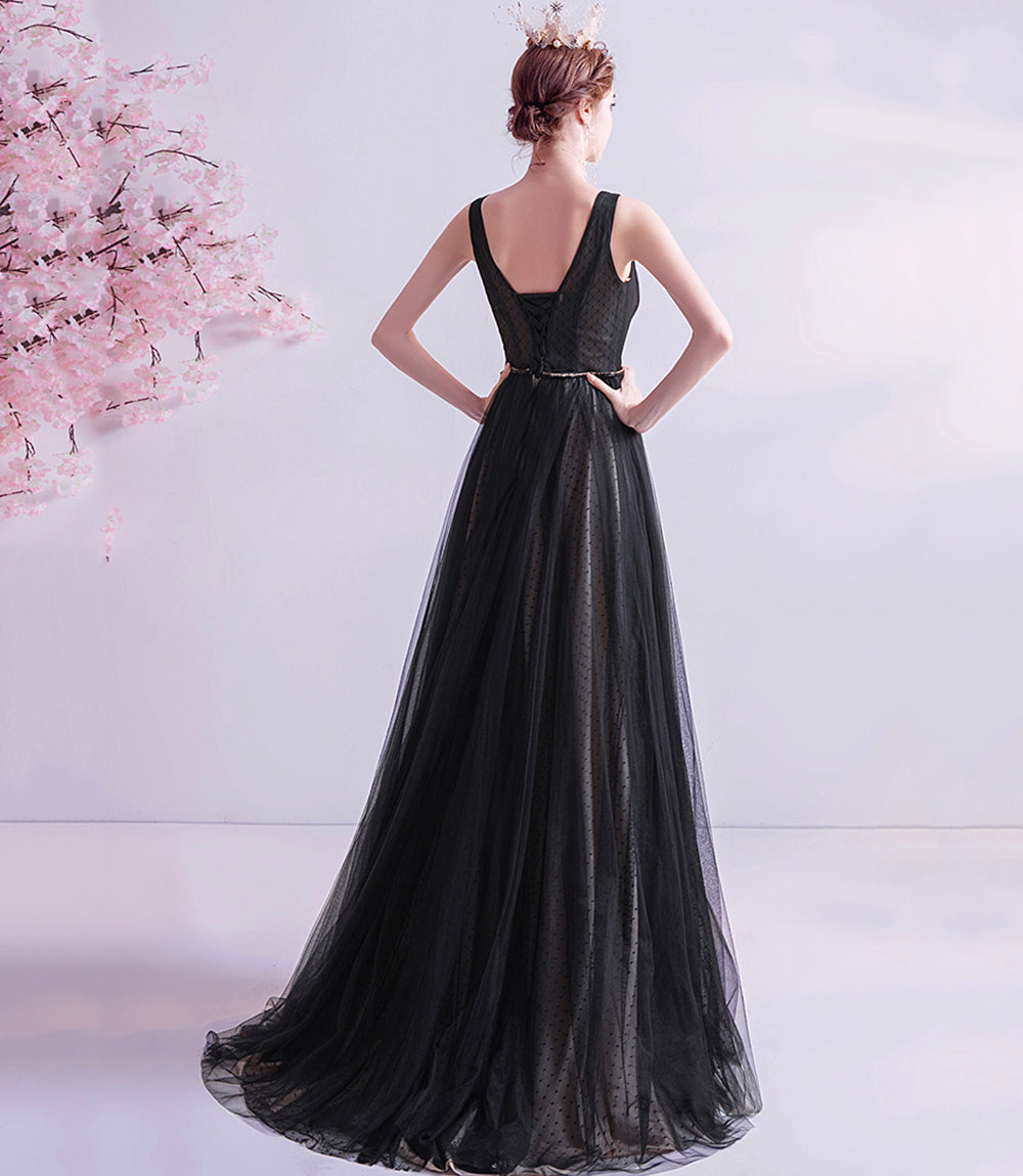 Black v neck tulle beads prom dress evening dress  8519