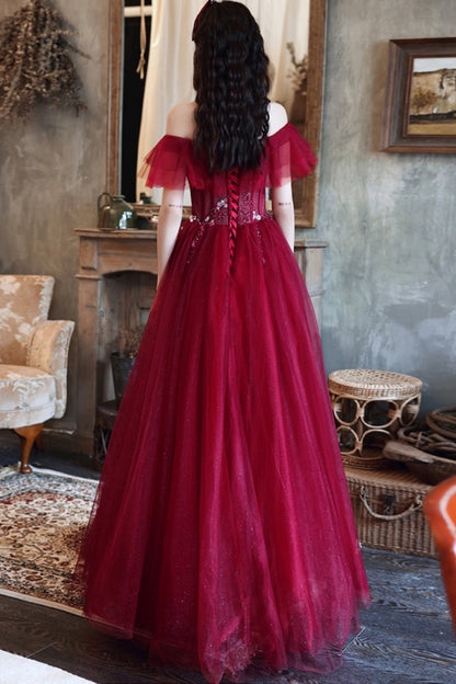 Burgundy tulle long A line prom dress evening dress  8687