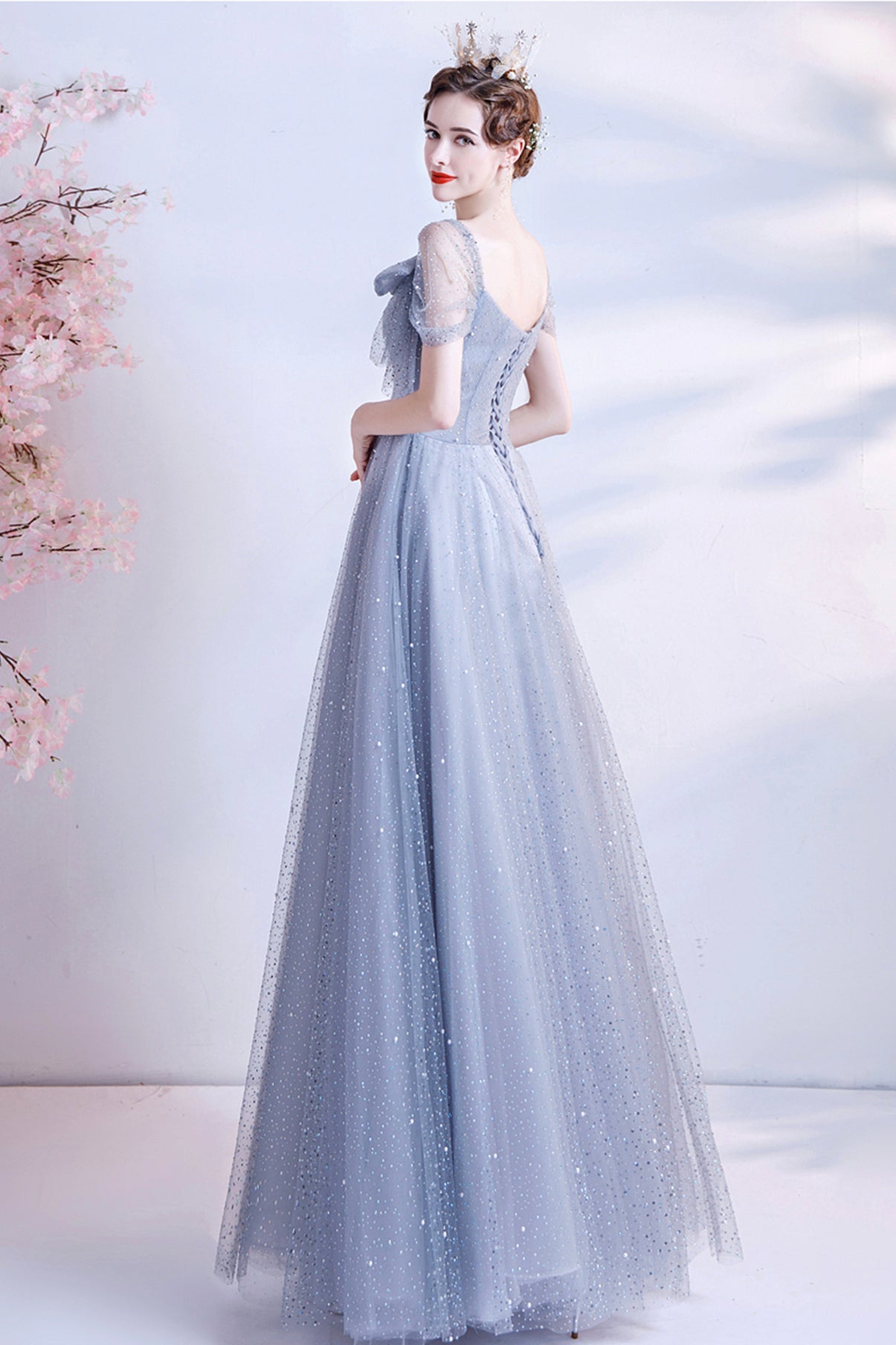 Gray tulle sequins long A line prom dress evening dress  8690