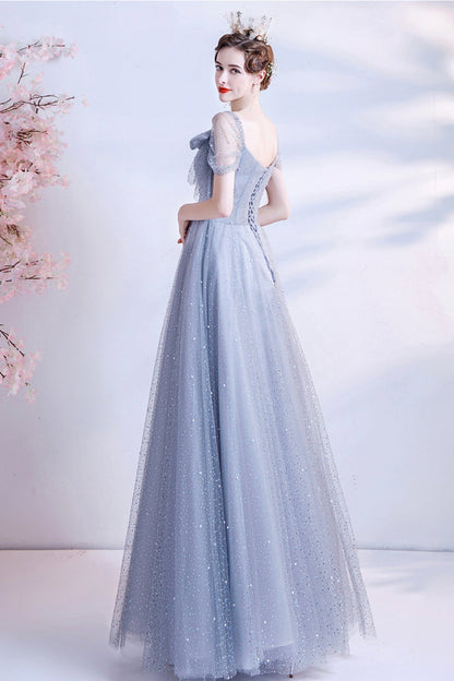 Gray tulle sequins long A line prom dress evening dress  8690