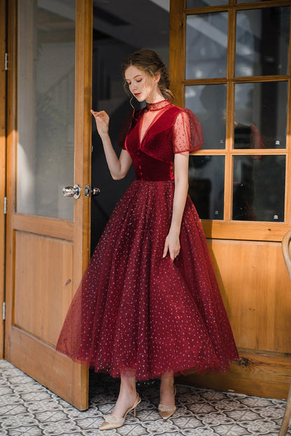 Burgundy tulle short prom dress A line evening dress  8647