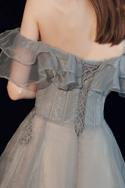 Shiny tulle long prom dress A line evening dress  8593