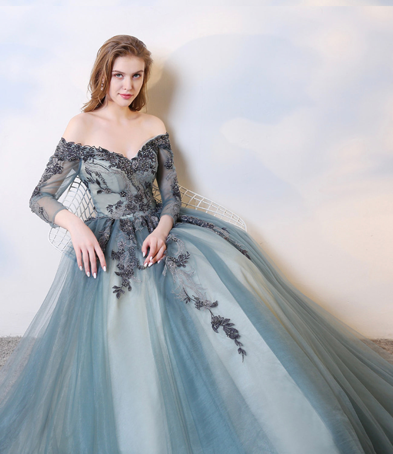 Blue lace long A line prom dress evening dress  8583