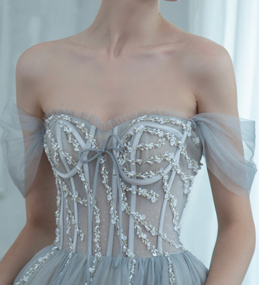Grey tulle beads long prom dress evening dress  8498