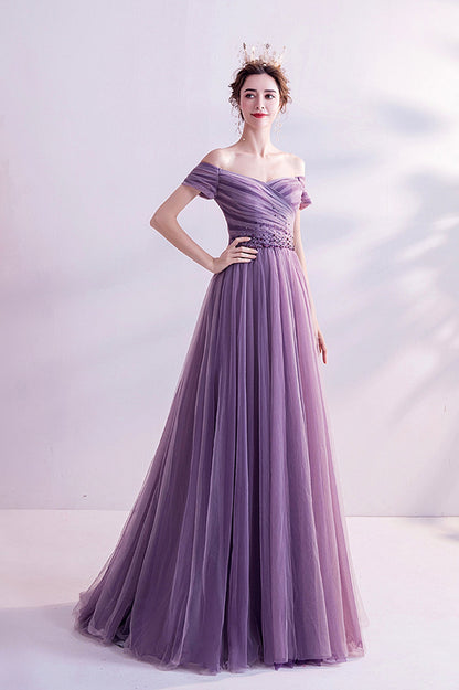 Purple tulle long prom dress A line evening dress  8562