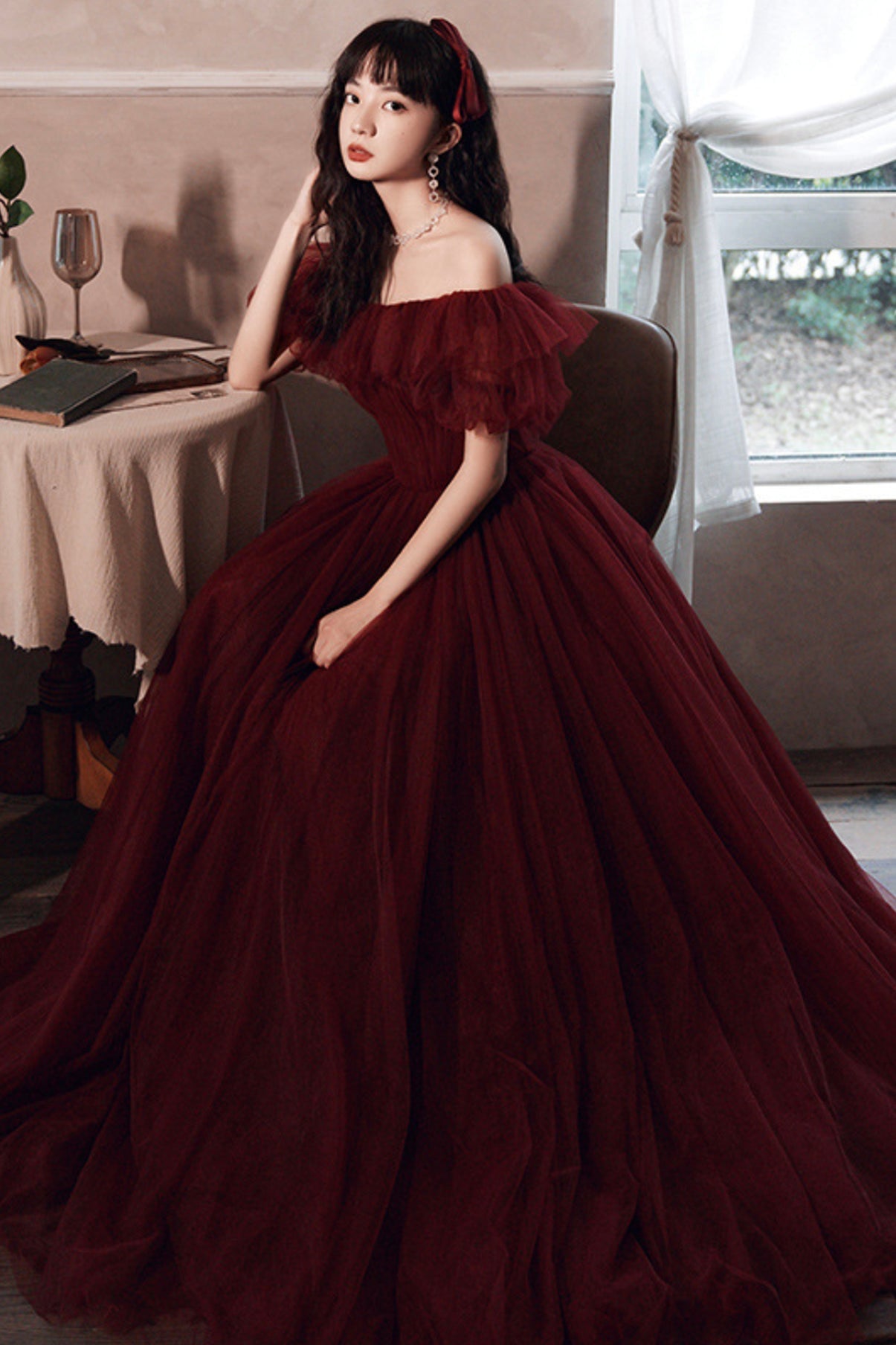 Burgundy tulle long A line prom dress evening dress  8572