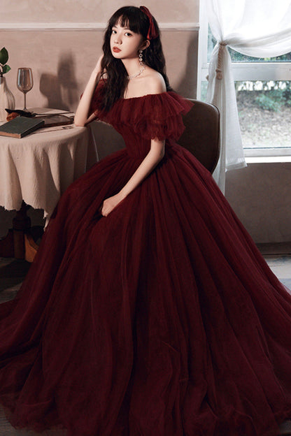 Burgundy tulle long A line prom dress evening dress  8572