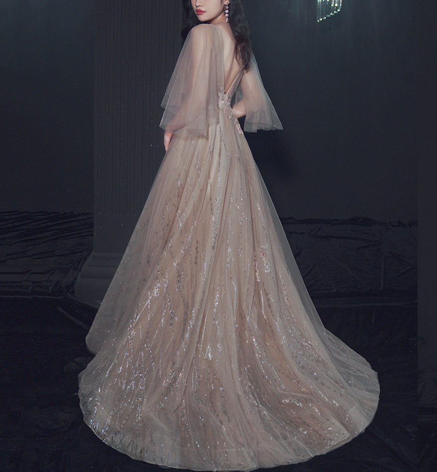 Champagne lace sequins long ball gown dress formal dress  8474