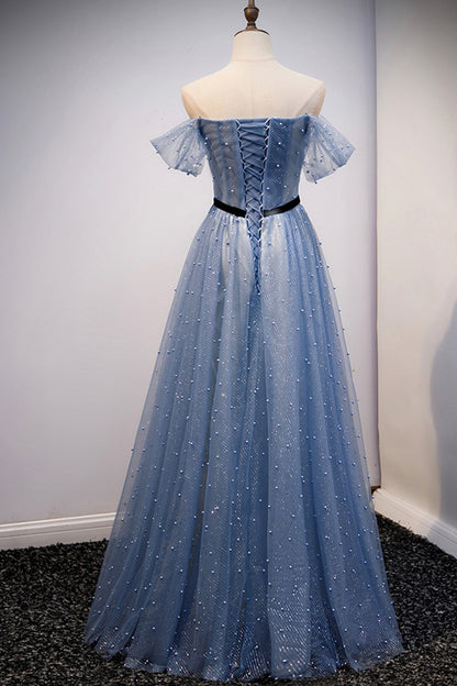Blue tulle long A line prom dress evening dress  8686