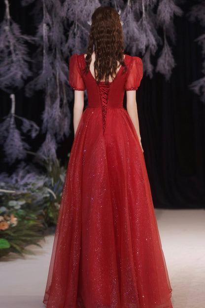 Red v neck tulle long A line prom dress evening dress  8738