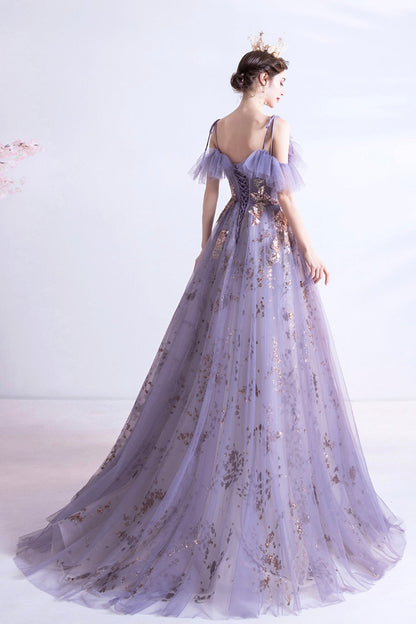 Purple tulle sequins long A line prom dress evening dress  8750