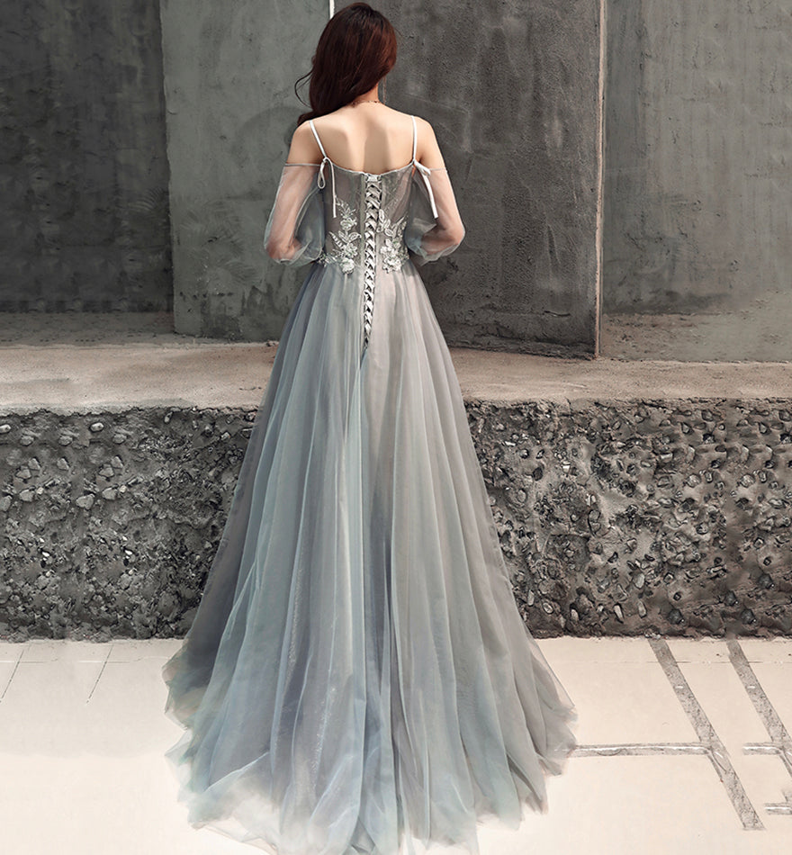 Gray tulle lace long A line prom dress evening dress  8477