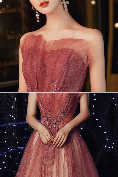 Shiny tulle sequins long prom dress A line evening dress  8580
