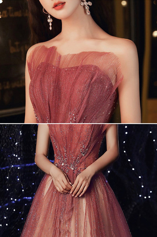 Shiny tulle sequins long prom dress A line evening dress  8580