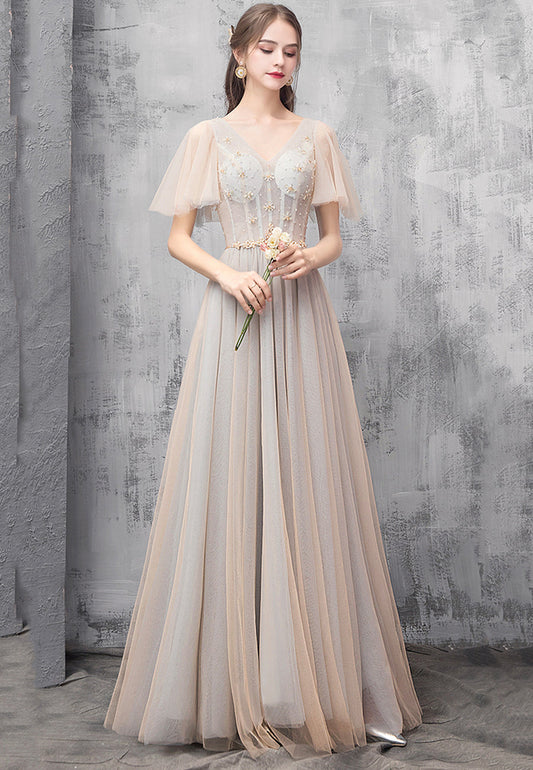 Champagne tulle beads prom dress evening dress  8494