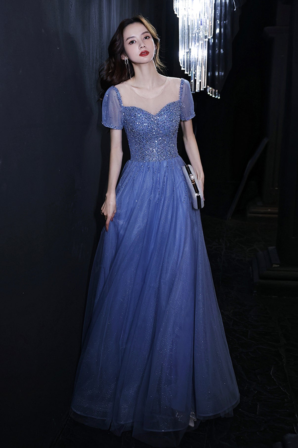 Cute tulle beads long A line prom dress evening dress  8727