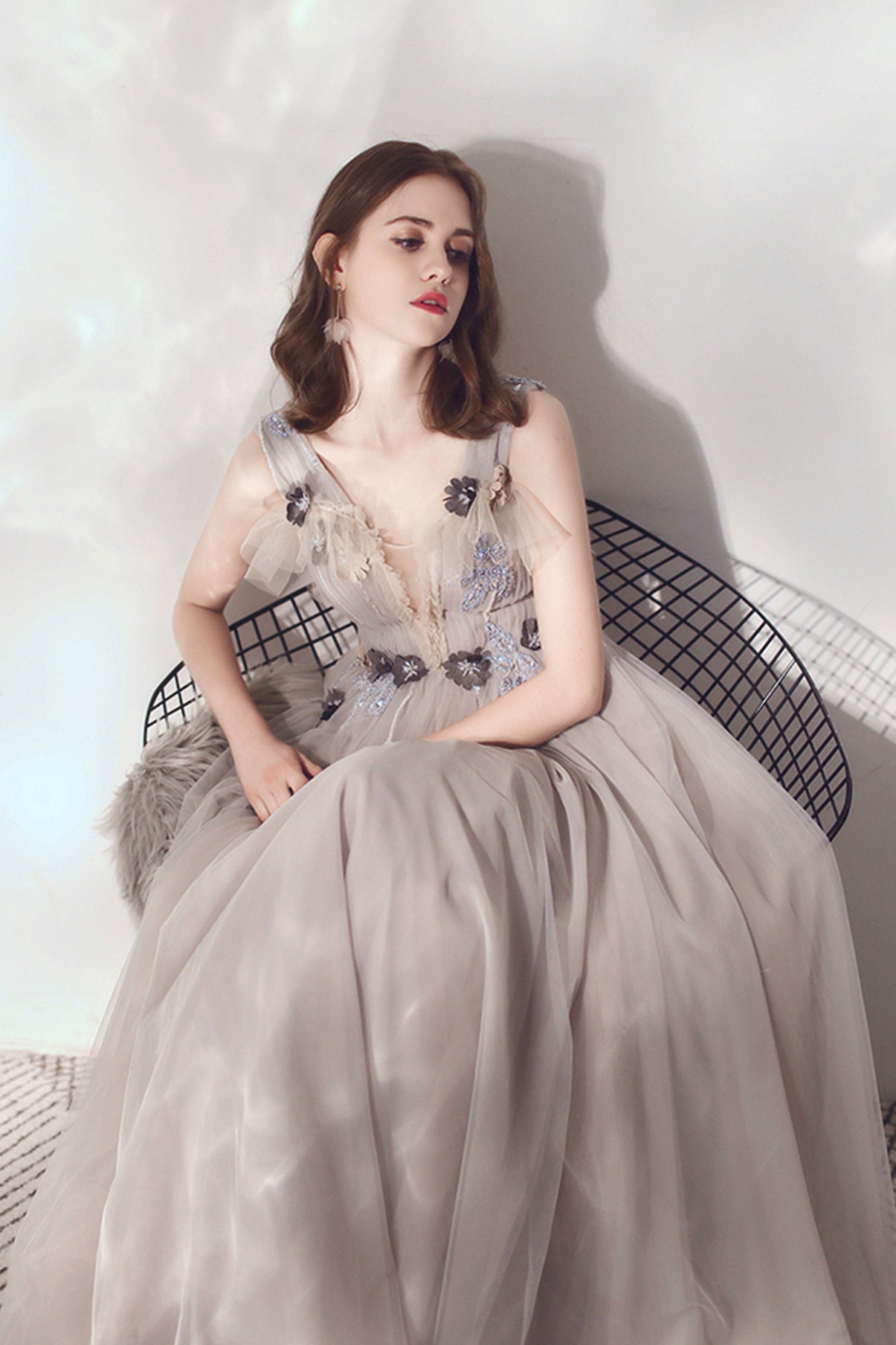 Cute v neck tulle long prom dress evening dress  8594