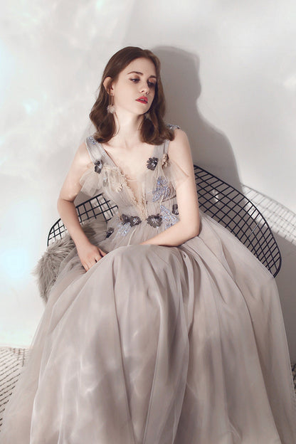 Cute v neck tulle long prom dress evening dress  8594