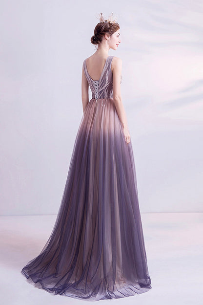 Purple gradient tulle long A line prom dress evening dress  8749