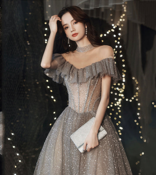 Gray tulle sequins long ball gown dress formal dress  8558