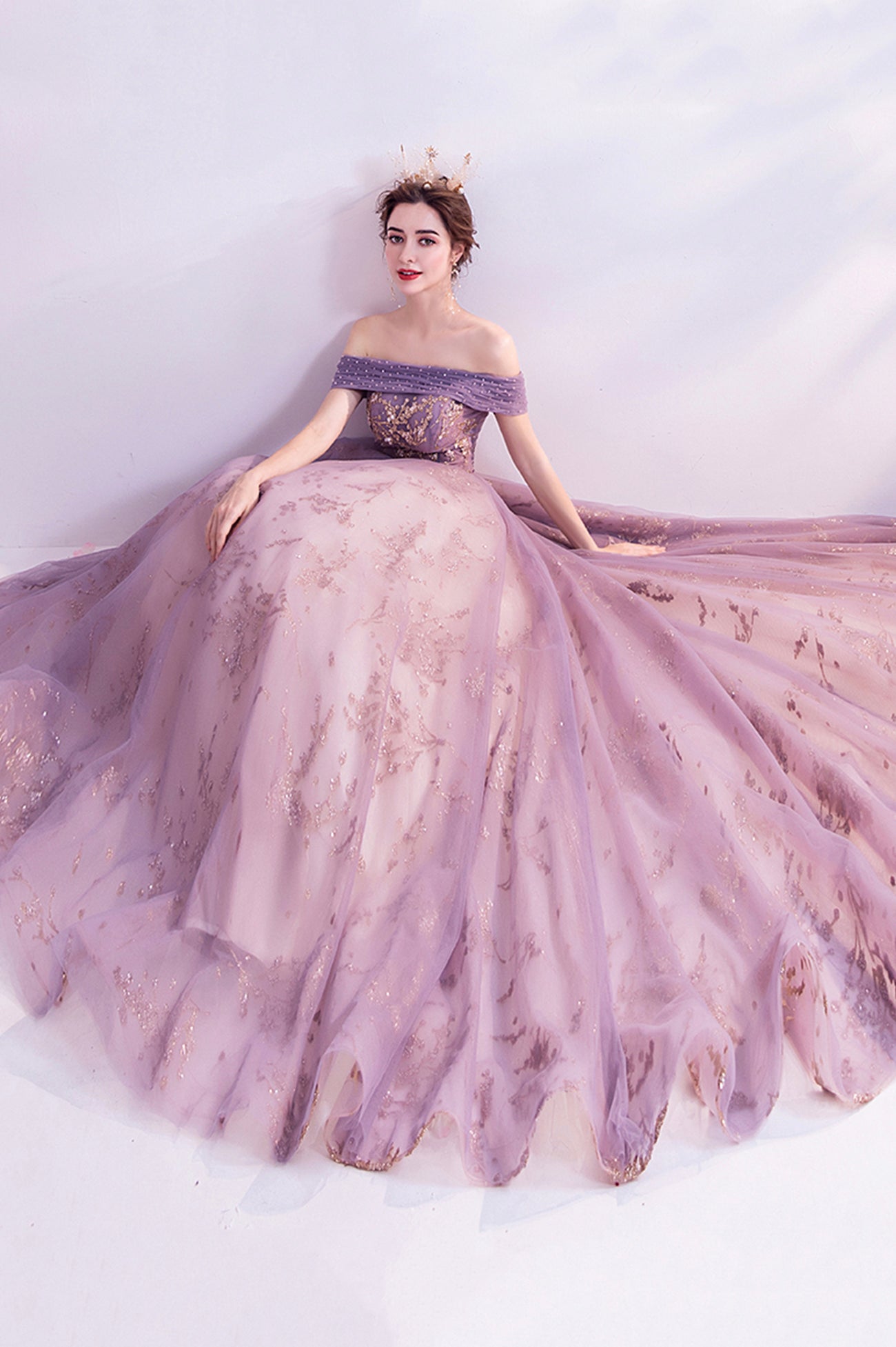 Purple tulle sequins long A line prom dress evening dress  8564