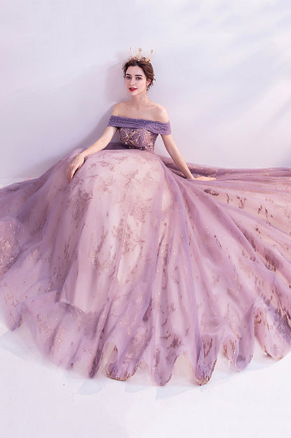Purple tulle sequins long A line prom dress evening dress  8564