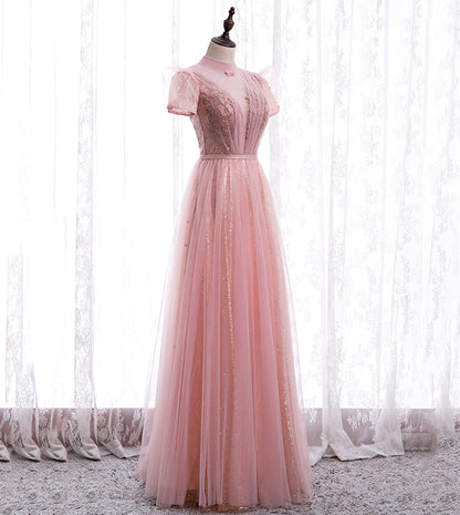 A line tulle sequins long prom dress evening dress  8439