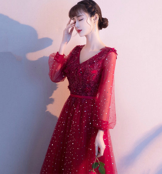 Cute tulle lace long prom dress A line evening gown  10014