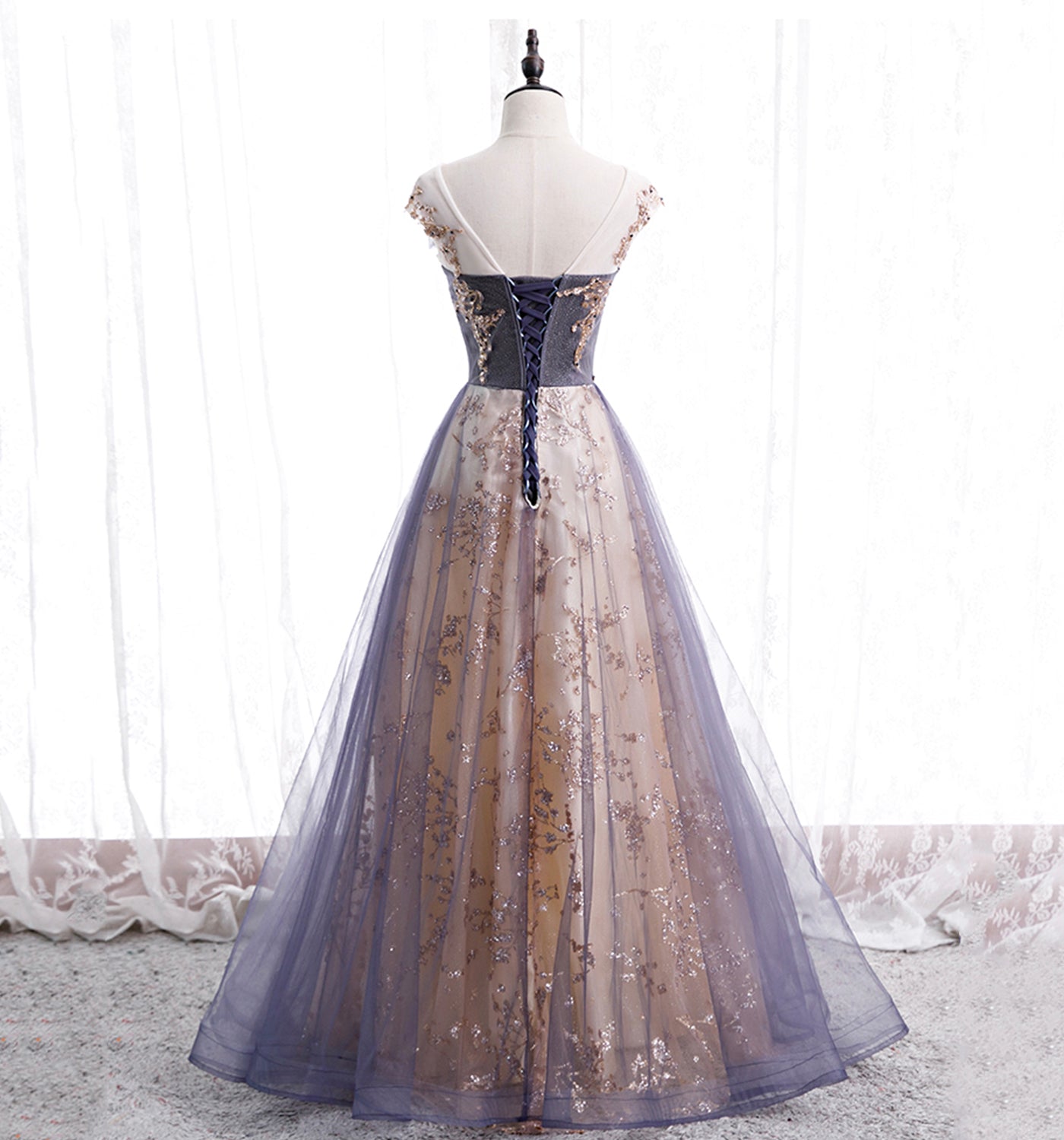 Cute tulle sequins long prom dress evening dress  10011