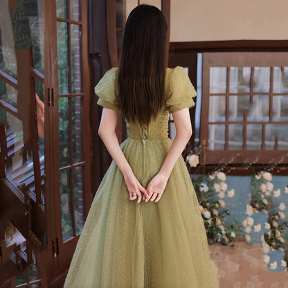 Green tulle beads long prom dress A line evening dress  8993