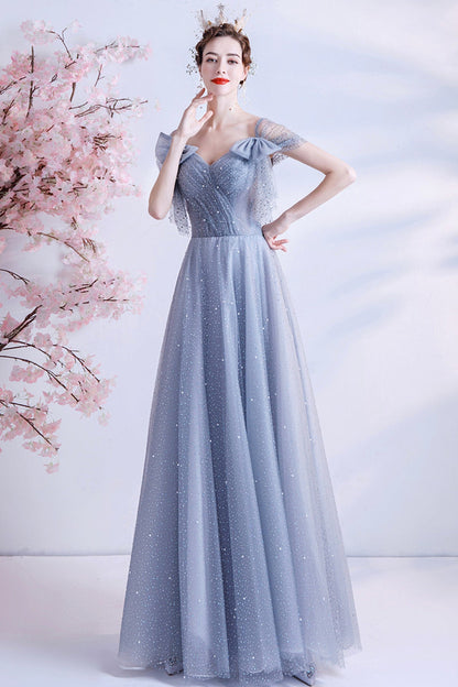 Gray tulle sequins long A line prom dress evening dress  8690