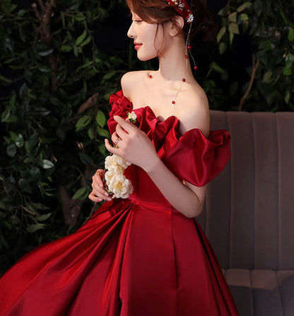 Burgundy satin long prom dress evening dress  8971