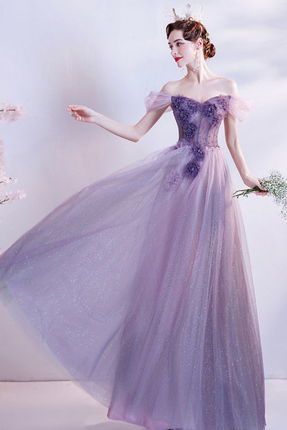 Purple tulle long A line prom dress evening dress  8740