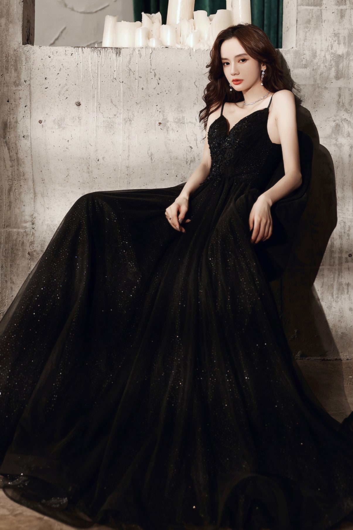 Black tulle long A line prom dress evening dress  8664