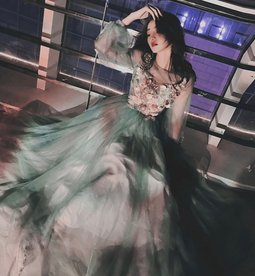 Green lace applique prom dress A line evening dress  8476