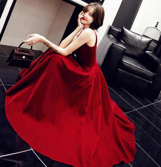 Simple v neck velvet short prom dress party dress  8953
